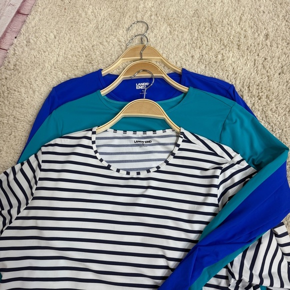 Lands’ End Rash Guard Tops XL 18 Striped Solid Swim SPF Shirts turquoise pool - Picture 1 of 10